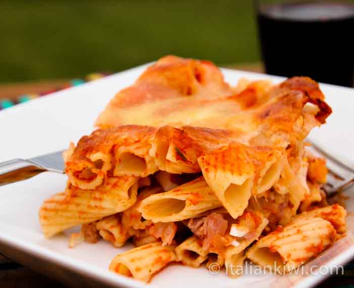Pasta al forno with salami, eggs, and ham