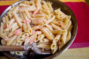 Penne rigate with salmon and cream