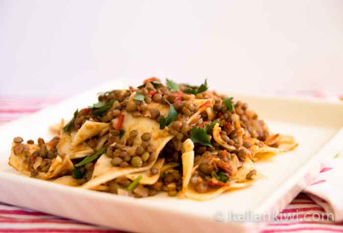 Fresh pasta with lentil and tomato sauce