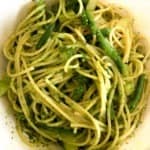 Spaghetti with pesto, potatoes, and green beans