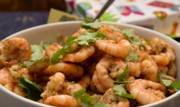 marinated shrimps with tomato and avocado salsa