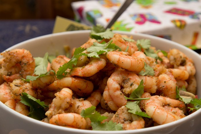 marinated shrimps with tomato and avocado salsa