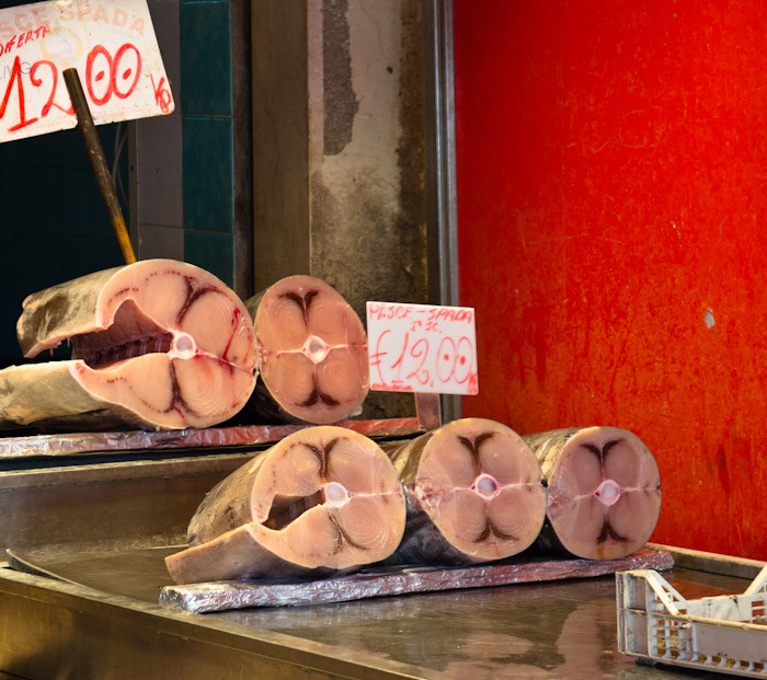 Swordfish staks at the Sircusa market in Italy