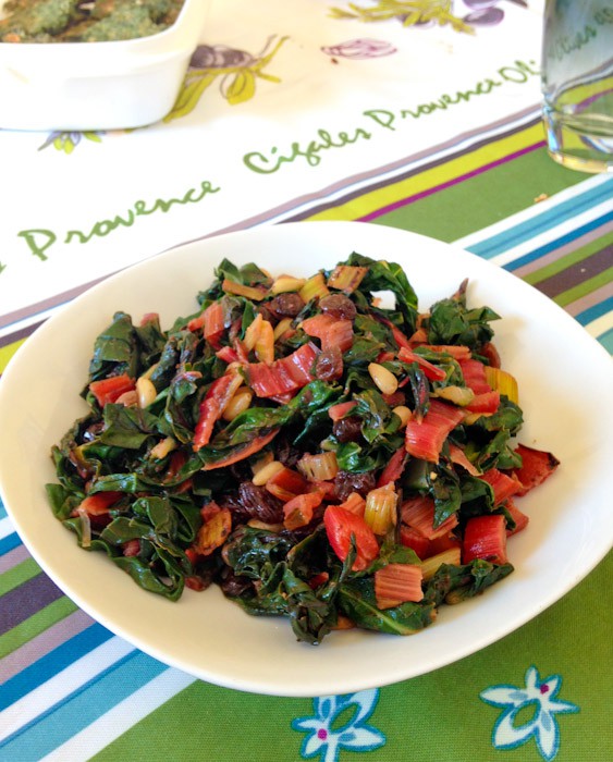 Rainbow chard with pinenuts and rainins